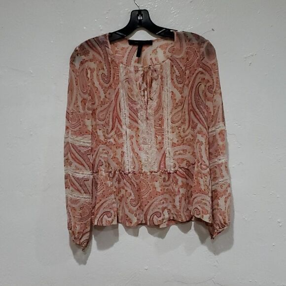 BCBGMaxAzria 100% Silk Cerise Pink Clay Combo Sheer Blouse Size XXS - Picture 3 of 13